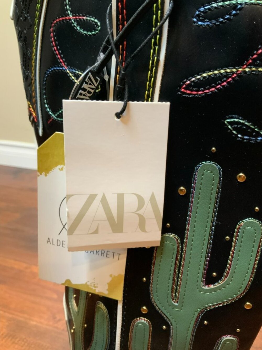 Zara Black Contrasting Knee High Cactus Embroidered Cowboy Boots, Size 9 NEW! - Picture 7 of 11